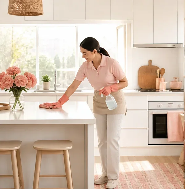Cleaner working carefully in a bright home