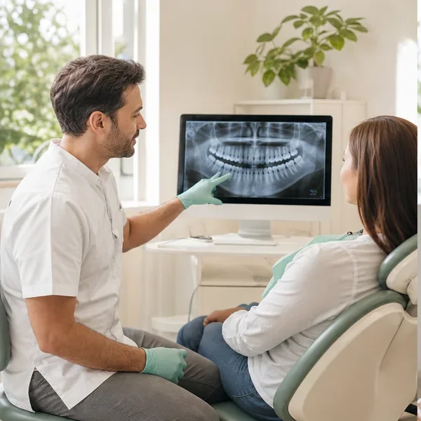 Dental professional speaking with a patient