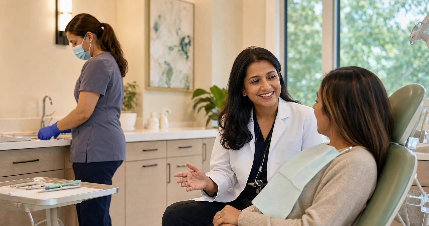 Dentist caring for a patient in a bright modern clinic
