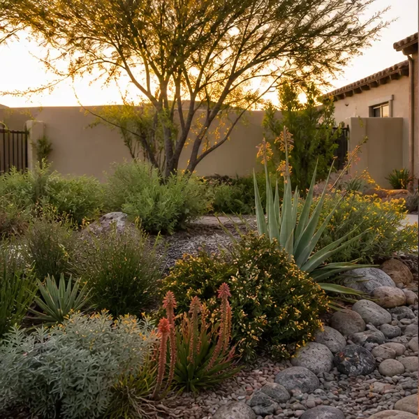 Landscaped garden with layered green planting